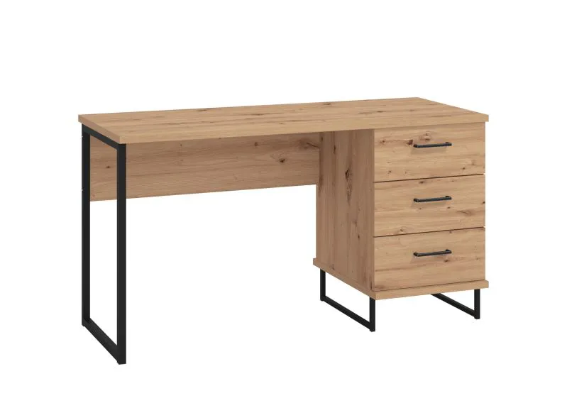 Bureau de style industriel Crina 17, Couleur : Chêne Artisan, trois tiroirs, chants ABS, Poignées & Pieds : Noir, Dimensions : 75 x 137,5 x 56 cm