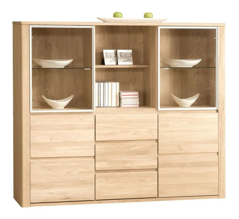 Vitrine Jussara 12, couleur : brun clair, chêne partiellement massif - 150 x 178 x 42 cm (h x l x p)