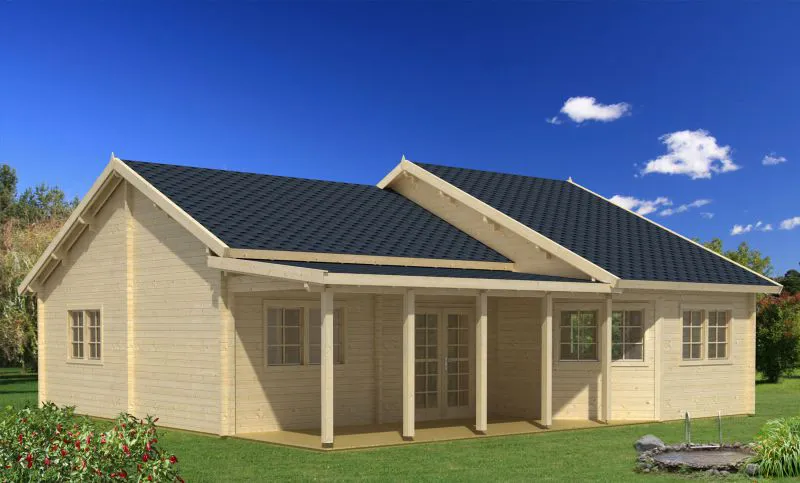 Maison de vacances / Maison de jardin avec terrasse, 7 pièces, en bois de sapin nordique, 70 mm Maison en madriers, surface au sol : 95,6 m², dimensions extérieures : 985 x 971 cm, toit à deux versants