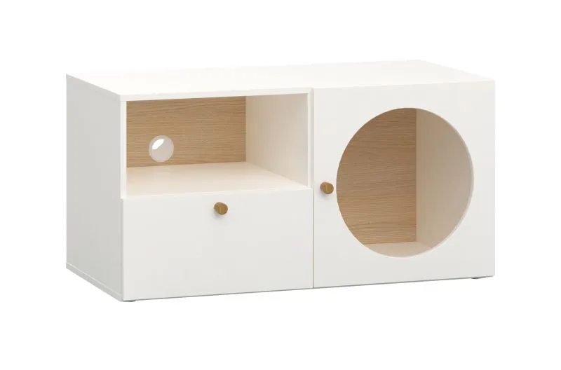 Meuble TV bas design Aenna 106 | 1 porte, 1 tiroir, 2 niches | Blanc & Chêne | 51,5 x 101 x 46,5 cm