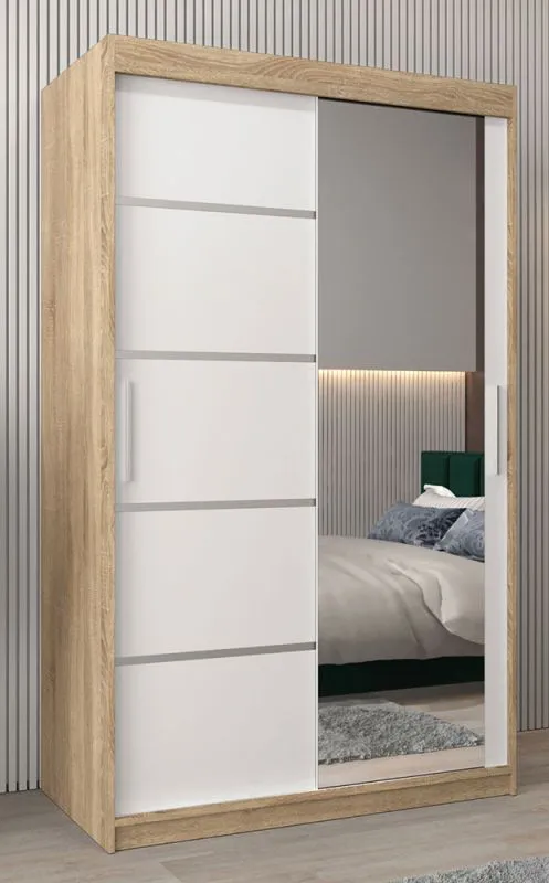 Armoire à portes coulissantes / Penderie Jan 02B avec miroir, Couleur : Chêne de Sonoma / Blanc mat - Dimensions : 200 x 120 x 62 cm ( H x L x P)