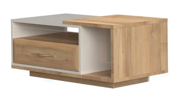 Table basse Gataivai 35 | Beige laqué brillant & noyer | 117 x 60 x 47 cm | Roulettes et tiroir pratique
