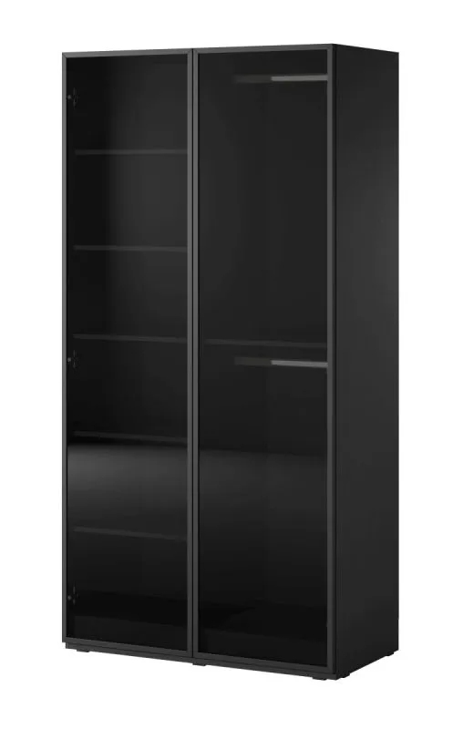 Armoire avec portes vitrées Bainton 03, Couleur : Noir, 200 x 101 x 51 cm, 6 compartiments, 2 tringles à vêtements, beaucoup d'espace de rangement, design élégant, durable