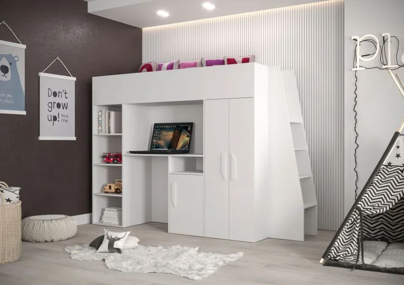 Lit surélevé / lit d'enfant / lit fonctionnel combiné avec bureau, escalier et beaucoup d'espace de rangement Jura 29, Couleur : Blanc - Surface de couchage : 90 x 200 cm