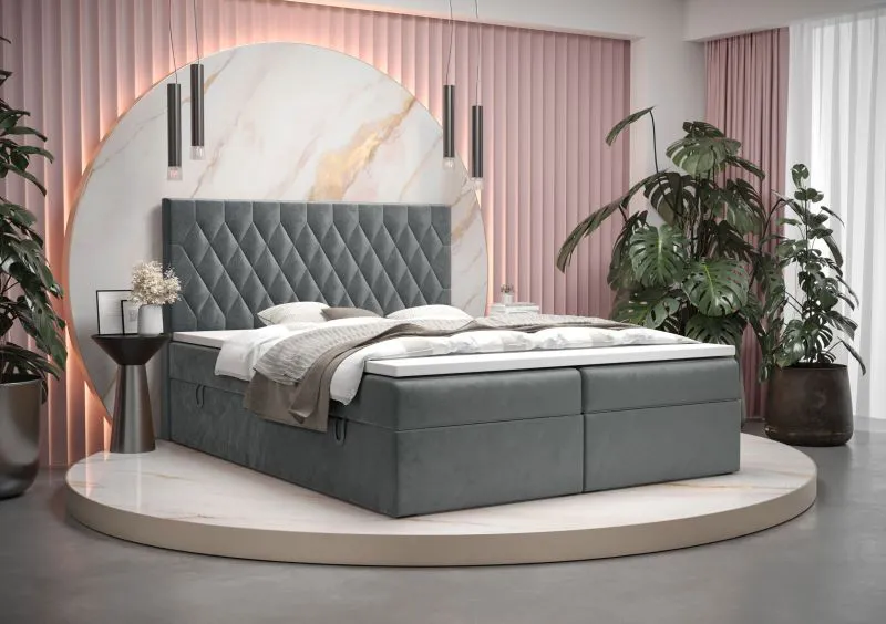Lit double moderne Pirin 73 gris | 180 x 200 cm | Grand espace de rangement | Matelas Bonell H3