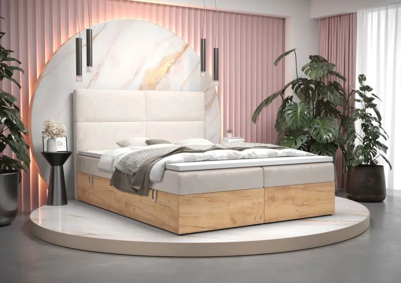 Lit Boxspring au design élégant Pilio 36, Couleur : Beige / Chêne Golden Craft - Surface de couchage : 160 x 200 cm (l x L)
