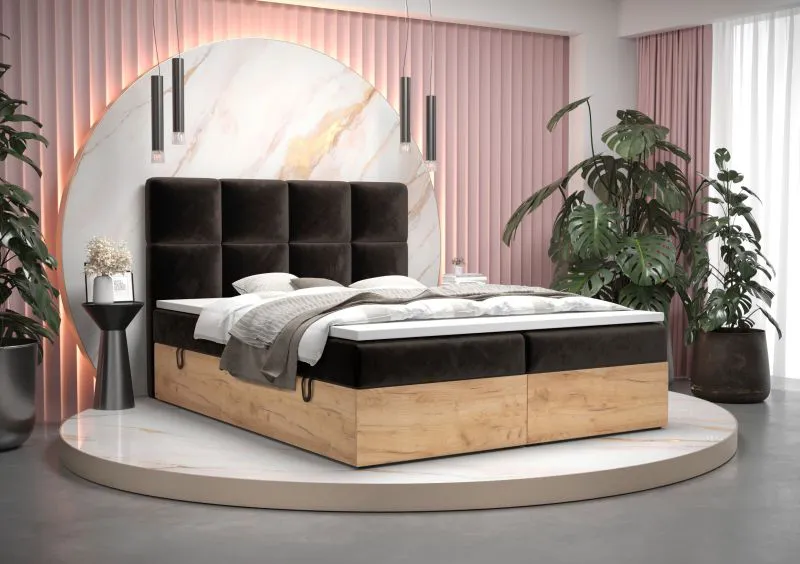 Lit boxspring Pilio 52, design unique | Velours noir & chêne Golden Craft | 160 x 200 cm | Matelas Bonell H3 | 2 espaces de rangement