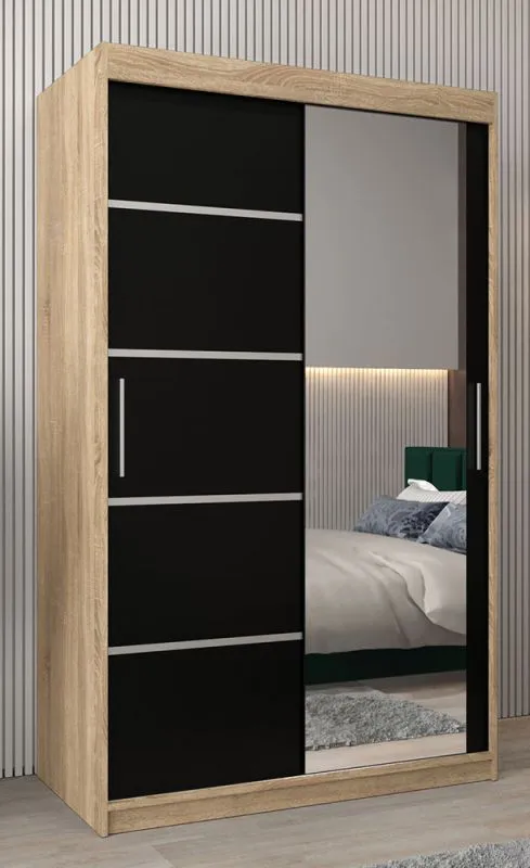 Armoire à portes coulissantes Jan 02B avec miroir | Chêne Sonoma & Noir | 200 x 120 x 62 cm