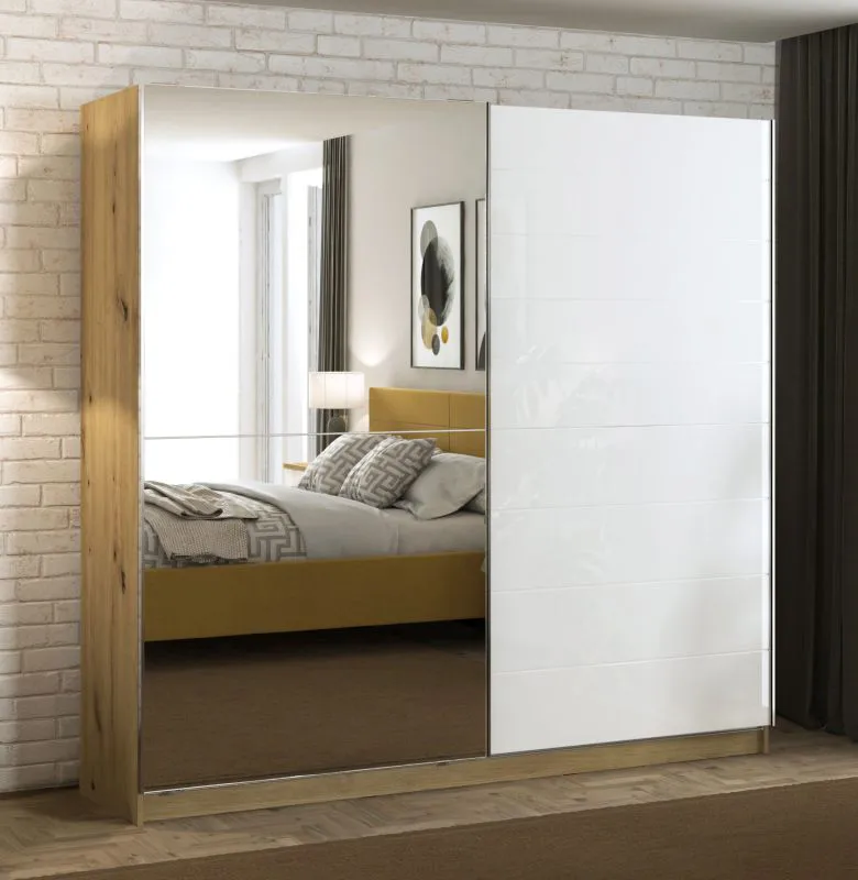 Armoire penderie 2 portes coulissantes avec miroir Palanka 06 | Blanc brillant & chêne Artisan | 210 x 217 x 62,5 cm