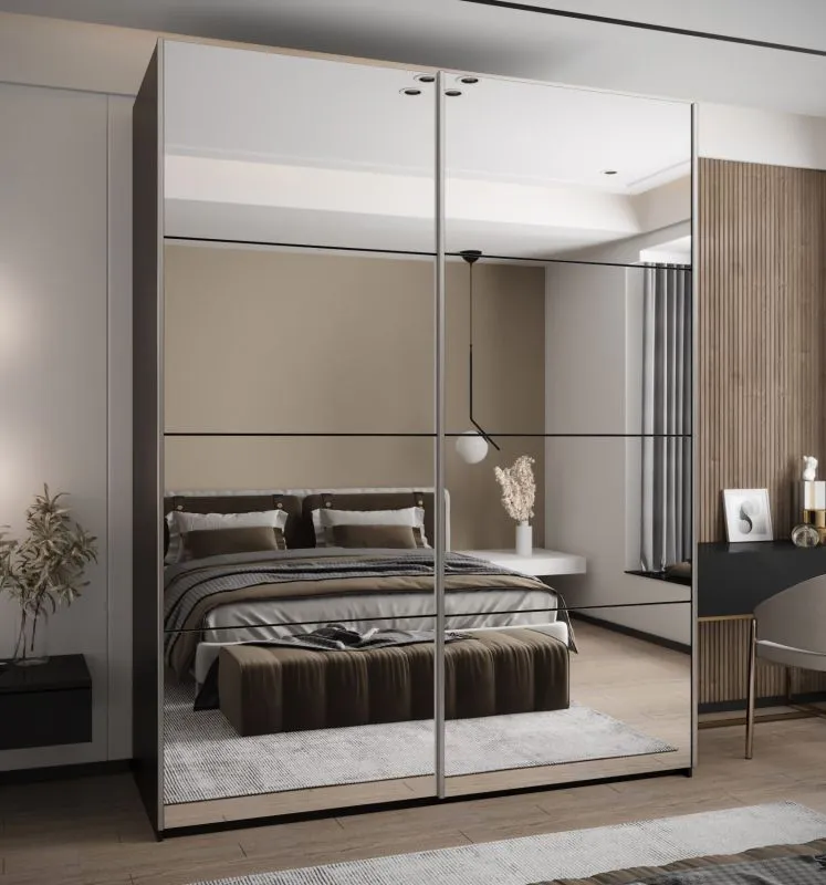 Armoire / Armoire à portes coulissantes | 2 tringles | 2 portes coulissantes | 245,5 x 200 x 64 cm | Fermeture en douceur | Couleur : noir | Miroir | 11 compartiments