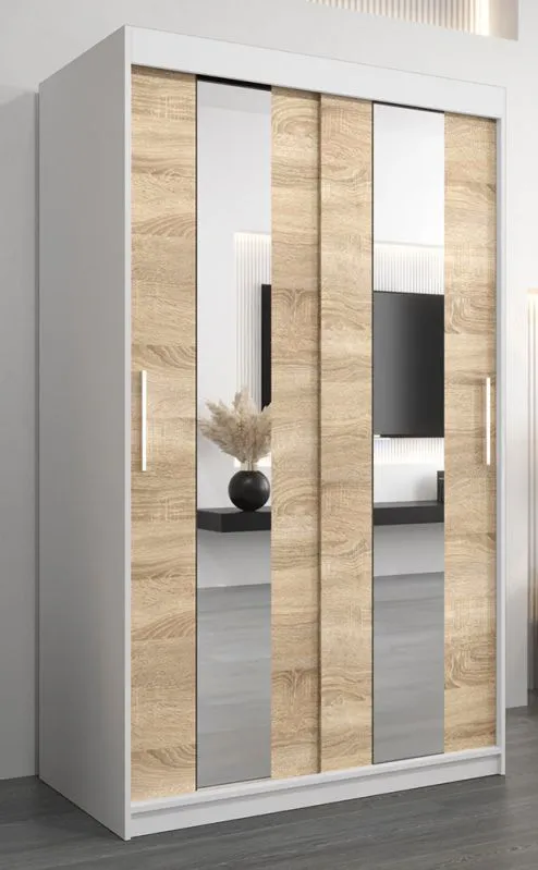 Armoire à portes coulissantes avec miroir Polos 02 | Blanc mat & Chêne Sonoma | 200 x 120 x 62 cm