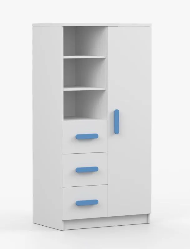 Bibliothèque 80 cm de large/ Smolikas 43 / Blanc / 3 tiroirs / 159 x 80 x 40 cm / 7 compartiments / Poignées en bois bleu / Chambre d'enfant et d'adolescent