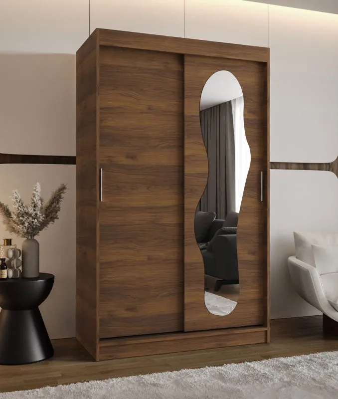 Penderie / Armoire à portes coulissantes / Couleur : Noyer / Une porte miroir / 1,2 mètre de large / Cinq casiers / Rails en aluminium / Deux tringles à vêtements