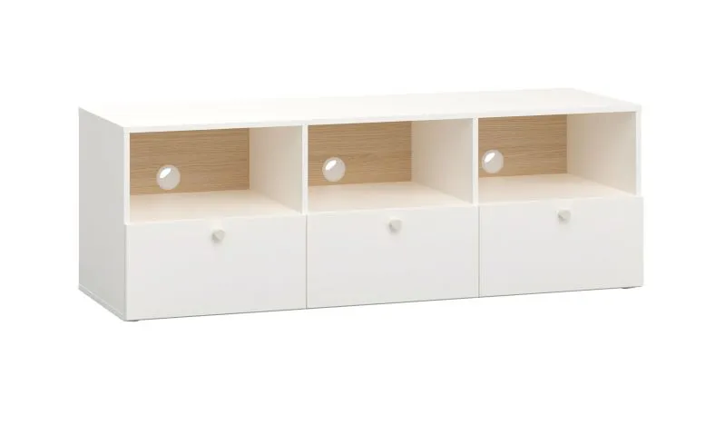 Meuble TV Aenna 97 | 3 tiroirs, 3 niches, 3 passe-câbles | Blanc & chêne | 151 x 51,5 x 46,5 cm