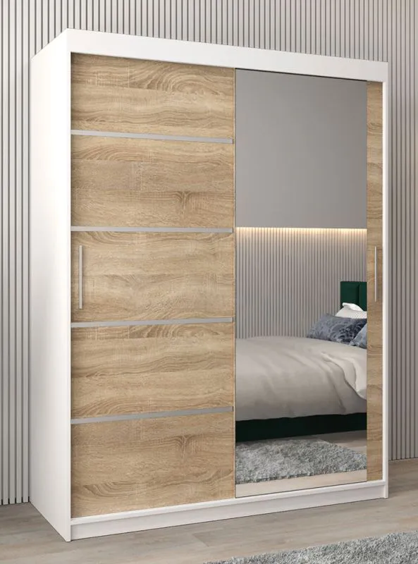 Armoire à portes coulissantes / Penderie Jan 03B avec miroir, Couleur : Blanc mat / Chêne de Sonoma - Dimensions : 200 x 150 x 62 cm ( H x L x P)