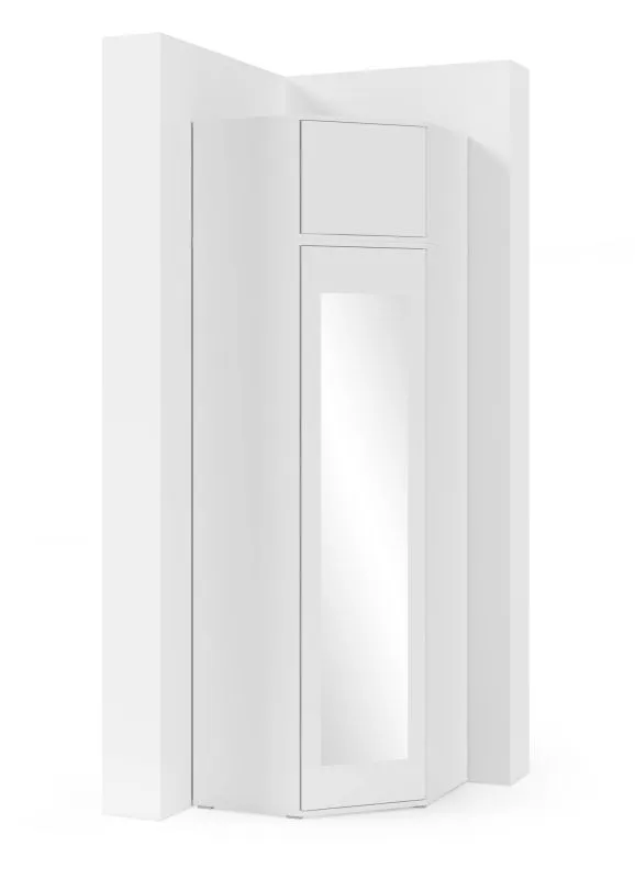 Armoire d'angle moderne avec penderie Zapopan 58, Couleur : Blanc, avec porte miroir, dimensions : 225 x 70 x 70 cm, six compartiments, deux tringles à vêtements