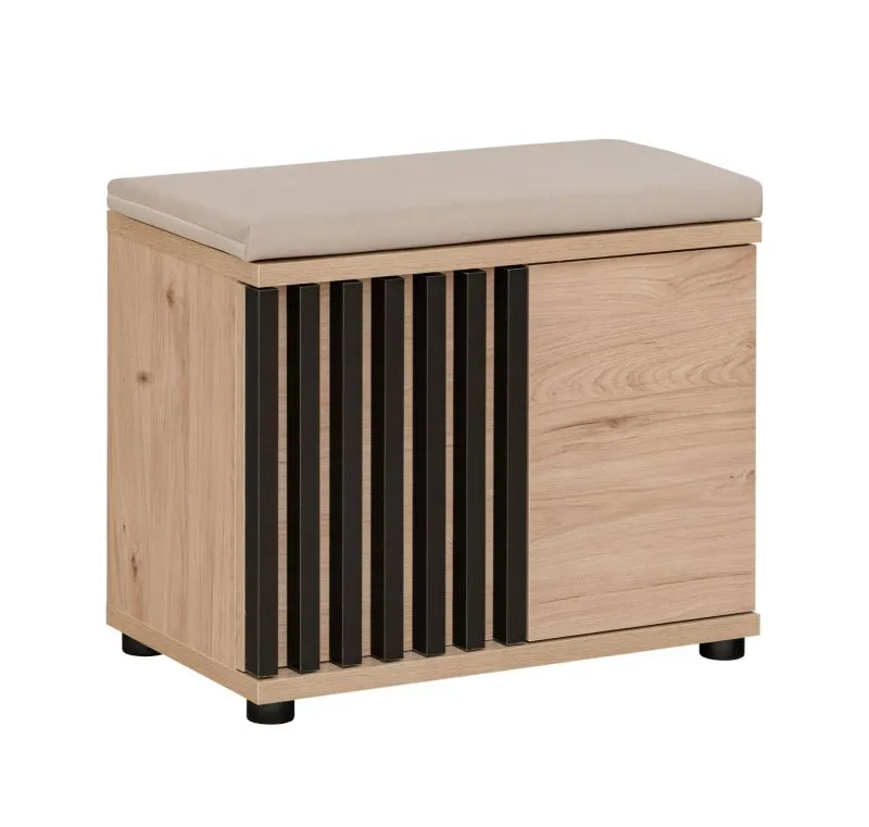 Armoire à chaussures avec siège, coussins Angvik 04 inclus, Couleur : Chêne / Noir, rembourré, deux portes, dimensions : 46 x 60 x 35 cm, pour le hall d'entrée