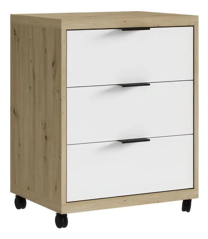 Caisson à roulettes "Merosina" 04, Couleur : Chêne Artisan / Blanc - Dimensions : 66 x 50 x 39 cm (h x l x p)