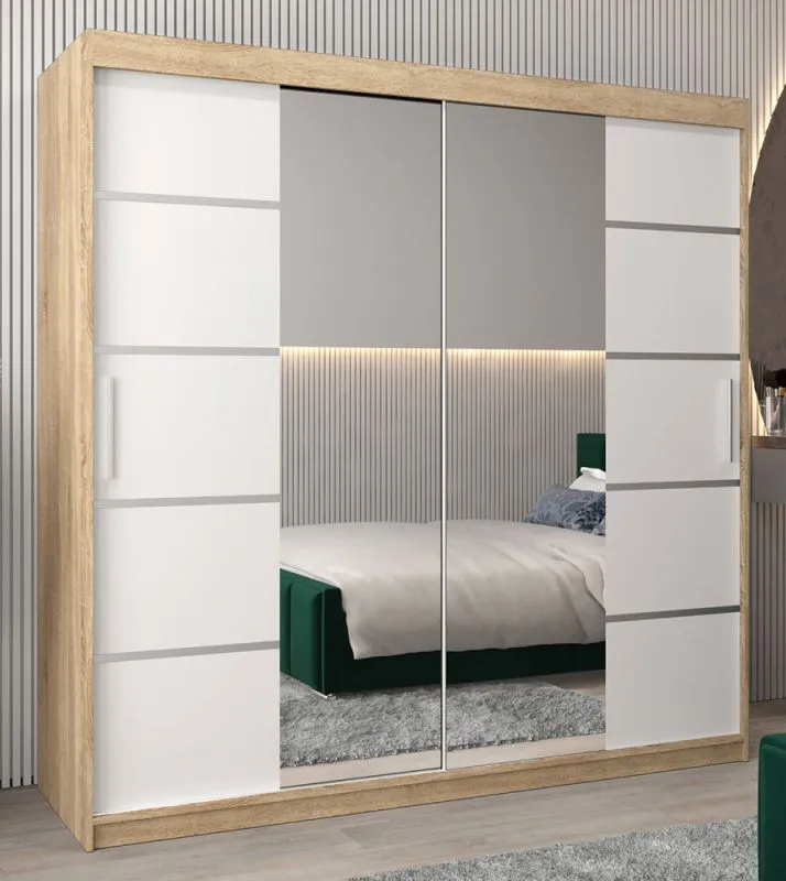 Armoire à portes coulissantes / Penderie Jan 05D avec miroir, Couleur : Chêne de Sonoma / Blanc mat - Dimensions : 200 x 200 x 62 cm (H x L x P)