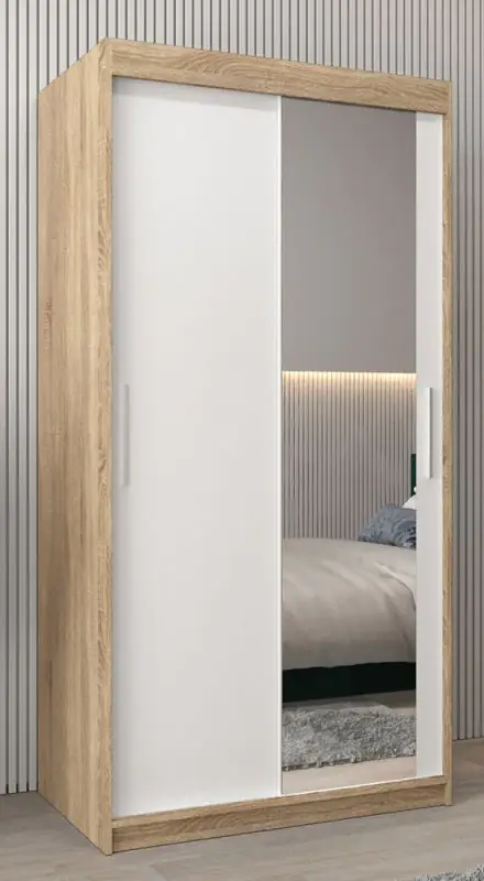 Armoire à portes coulissantes / Penderie Bisaurin 1C avec miroir, Couleur : Chêne de Sonoma / Blanc mat - Dimensions : 200 x 100 x 62 cm ( H x L x P)