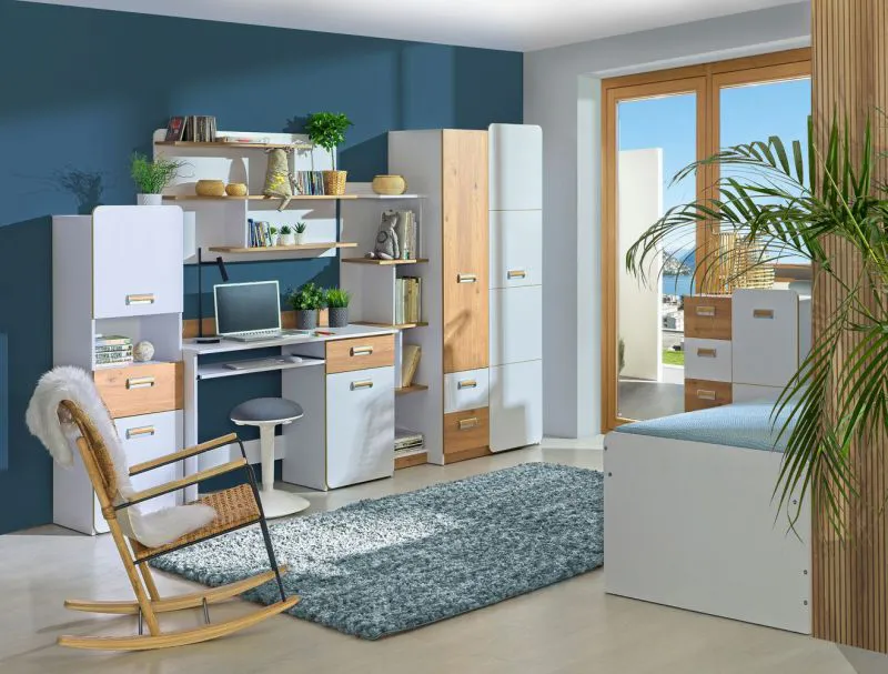Chambre d'enfant complète L Dennis, 7 pièces, couleur : frêne blanc