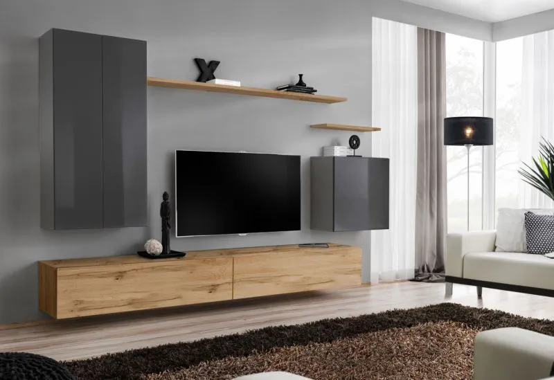 Meuble mural séjour Balestrand 32 | Gris & Chêne Wotan | 160 x 270 x 40 cm | 5 portes | Design moderne