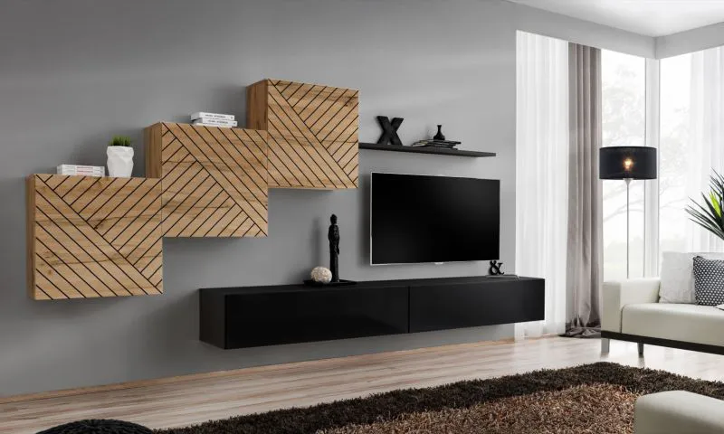 Meuble-paroi moderne Kongsvinger 72, couleur : chêne wotan / noir brillant - dimensions : 150 x 330 x 40 cm (h x l x p), avec cinq portes