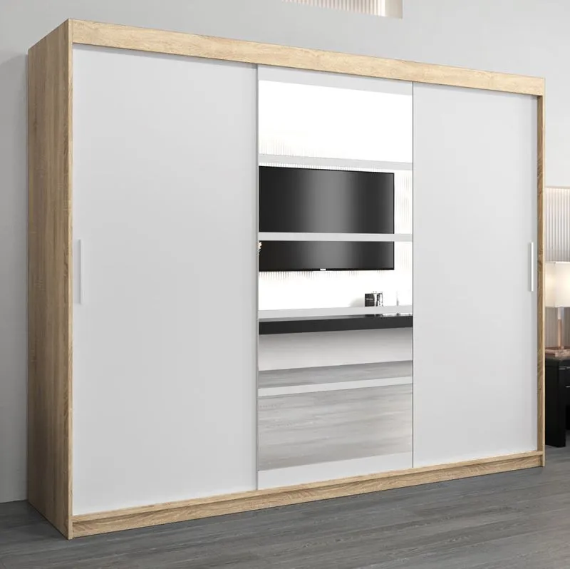 Armoire à portes coulissantes / Penderie Aizkorri 06A avec miroir, Couleur : Chêne de Sonoma / Blanc mat - Dimensions : 200 x 250 x 62 cm (H x L x P)