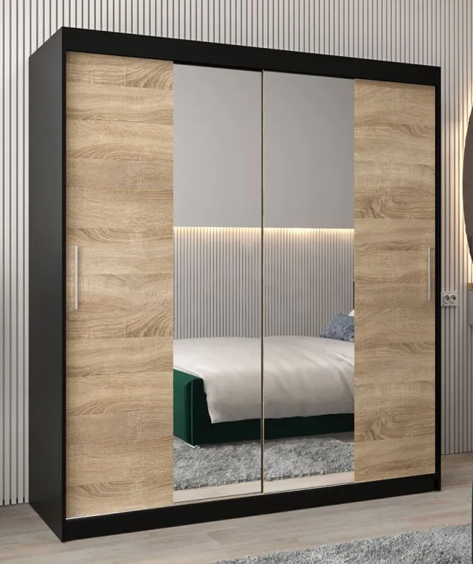 Armoire à portes coulissantes / Penderie Bisaurin 4B avec miroir, Couleur : Noir / Chêne de Sonoma - Dimensions : 200 x 180 x 62 cm ( H x L x P)
