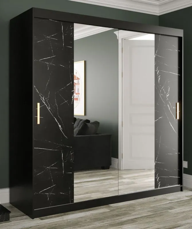 Armoire avec motif moderne en marbre Ätna 65, Couleur : Noir mat / Marbre noir - Dimensions : 200 x 200 x 62 cm (h x l x p), avec grand espace de rangement