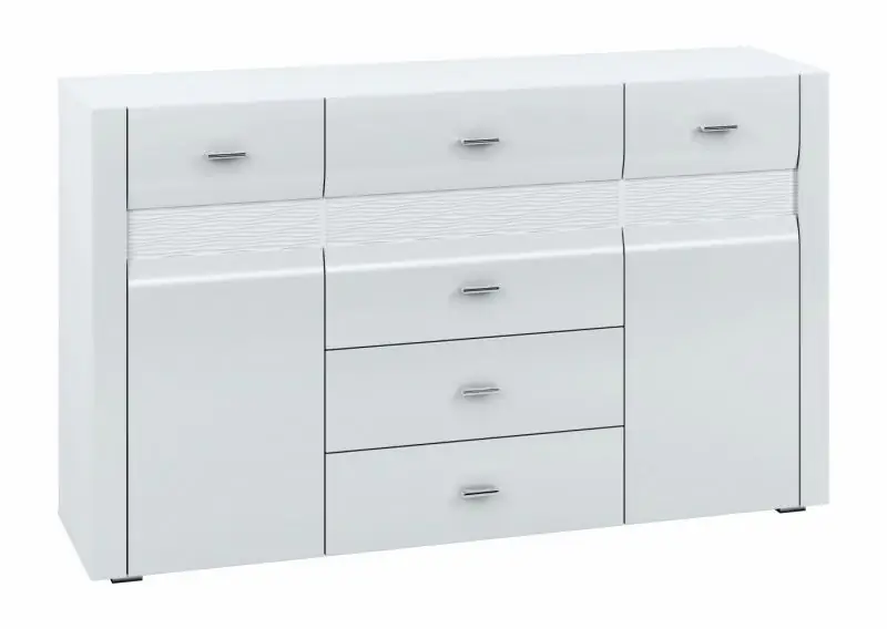 Commode Heber 06, couleur : blanc / blanc brillant - Dimensions : 94 x 159 x 42 cm (h x l x p), avec 2 portes, 4 tiroirs et 4 compartiments