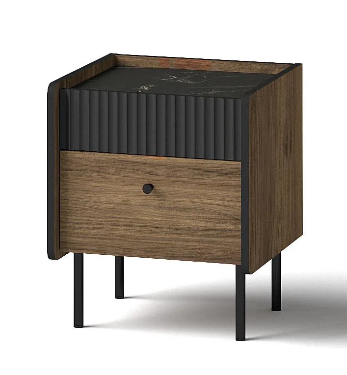Table de nuit Mairenke 12, Couleur : Noyer / Noir mat - Dimensions : 50 x 42 x 40 cm (H x L x P)