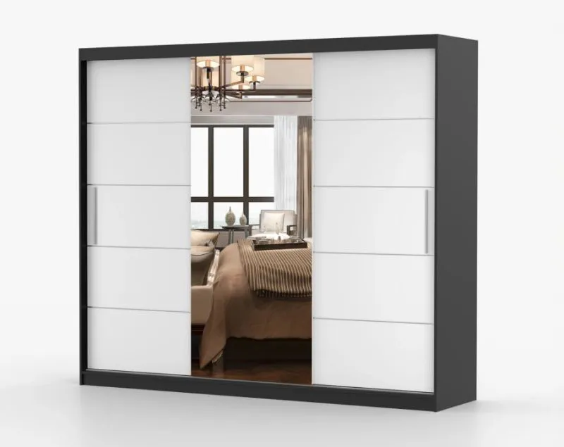 Armoire penderie Cevennen 13, 3 portes coulissantes miroir, 218x250x61 cm, noir/blanc, 12 compartiments, grand rangement