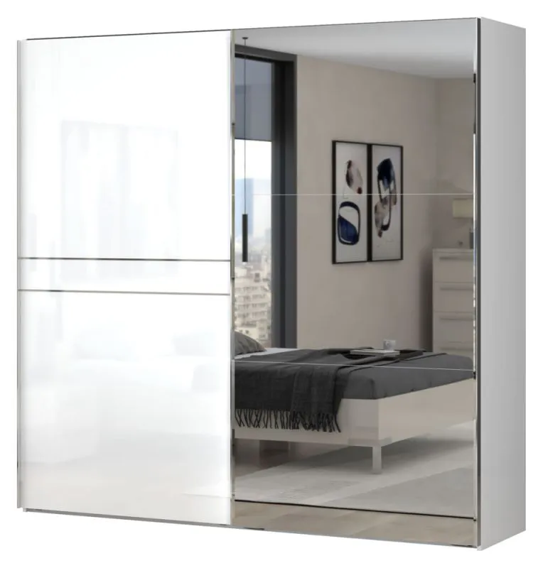 Armoire à portes coulissantes Siumu 08 | Blanc & Blanc brillant | 224 x 230 x 61 cm | Design moderne