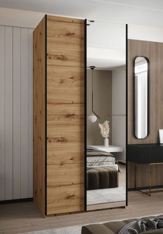 Armoire / Armoire à portes coulissantes | 2 portes coulissantes | 6 compartiments | 245,5 x 100 x 64 cm | Miroir | Fermeture en douceur | Couleur : chêne Artisan | 2 tringles à vêtements