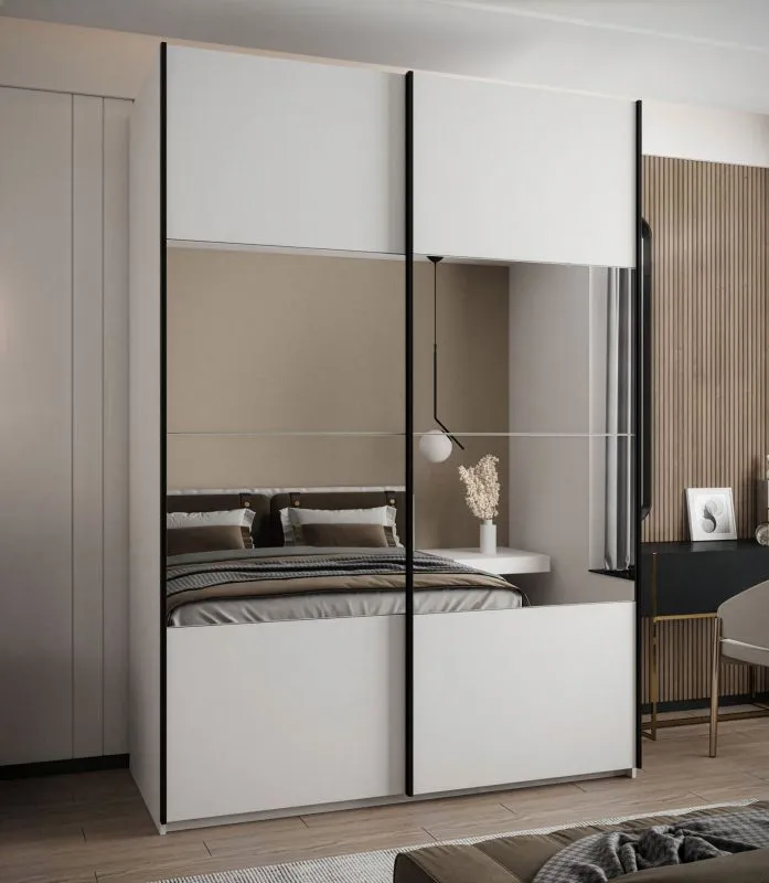 Penderie / Armoire à portes coulissantes / Miroir / 11 compartiments / 245,5 x 170 x 64 cm / Fermeture en douceur / 2 portes coulissantes / 2 tringles à vêtements / Couleur : Blanc