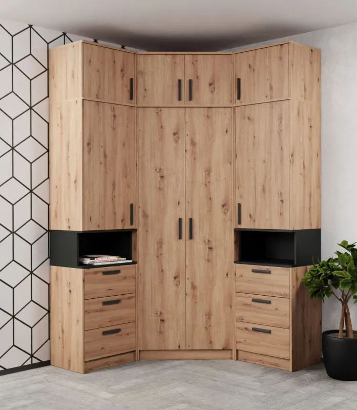 Armoire d'angle - Ensemble D Fafe / 6 pièces / Couleur : Chêne Artisan / Noir / Espace de rangement suffisant / Fonction Soft-Close / Armoire d'angle