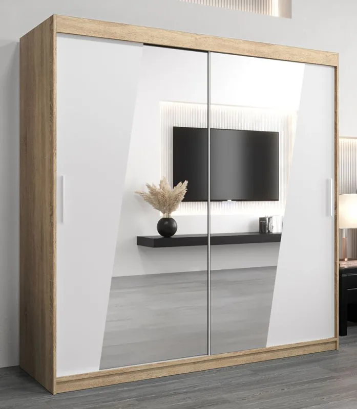 Armoire à portes coulissantes / Penderie Guajara 05 avec miroir, Couleur : Chêne de Sonoma / Blanc mat - Dimensions : 200 x 200 x 62 cm (H x L x P)