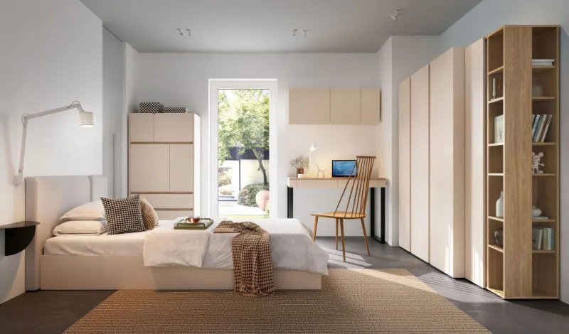 Chambre à coucher complète - Ensemble A Fricourt, 6 pièces, beige / chêne clair, design agréable, couleurs harmonieuses, montage simple et rapide