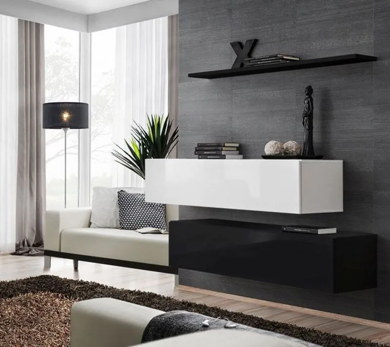 Deux meubles bas TV modernes avec étagère murale Balestrand 341, couleur : blanc / noir - dimensions : 110 x 130 x 30 cm (h x l x p), avec fonction push-to-open