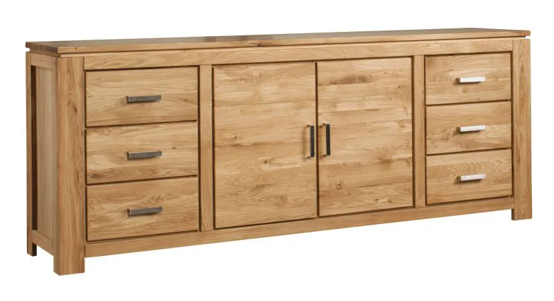Commode / sideboard stable en chêne partiellement massif Balsa 03, avec six tiroirs spacieux, huilé / ciré, naturel, compatible avec les robots d'aspiration et de nettoyage, 87 x 219 x 47 cm