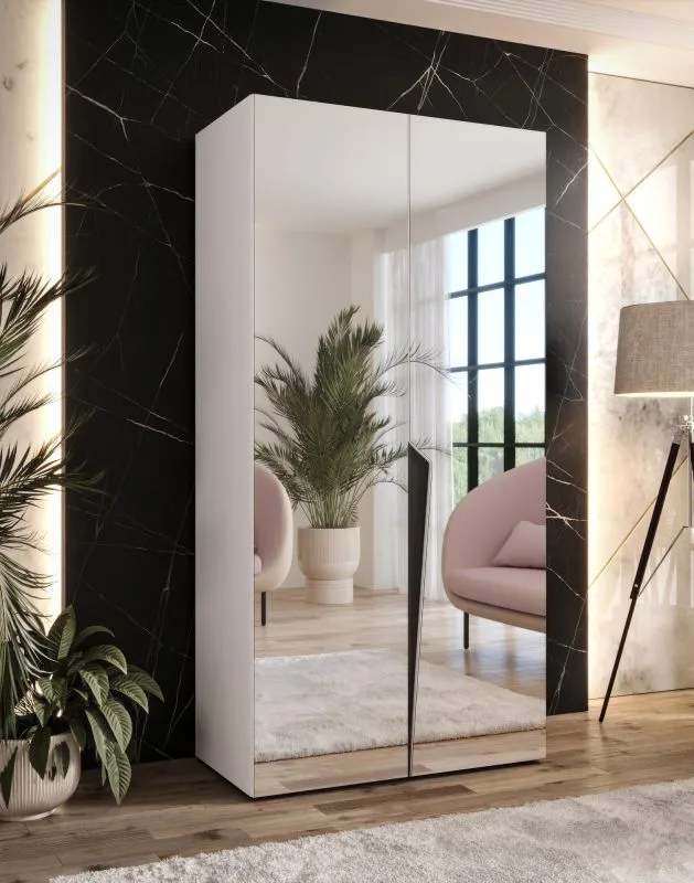 Armoire de chambre à coucher avec miroir / Couleur : Blanc / Fonction soft-close / Penderie / Poignées : Noir / 1 compartiment / 1 tringle à vêtements / Chants ABS / Dimensions : 100 x 52 x 202 cm
