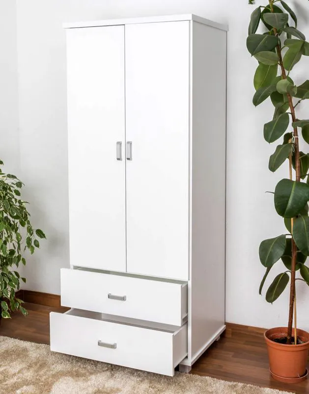 Armoire | 2 portes battantes | 2 tiroirs | 1 casier | avec tringle à vêtements | 80 cm de large | Bois massif | Couleur: Blanc Abbildung