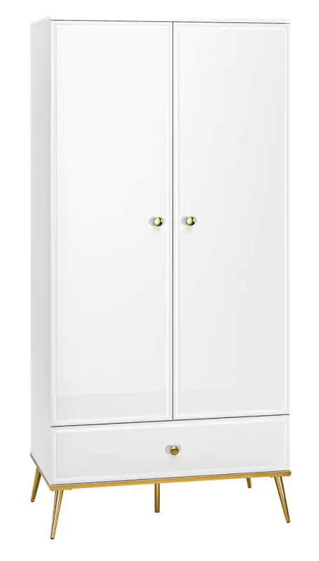 Armoire avec beaucoup d'espace de rangement Roanoke 01, Couleur : Blanc / Blanc brillant - Dimensions : 190 x 92 x 53 cm (h x l x p), avec 2 portes, 1 tiroir et 1 compartiment