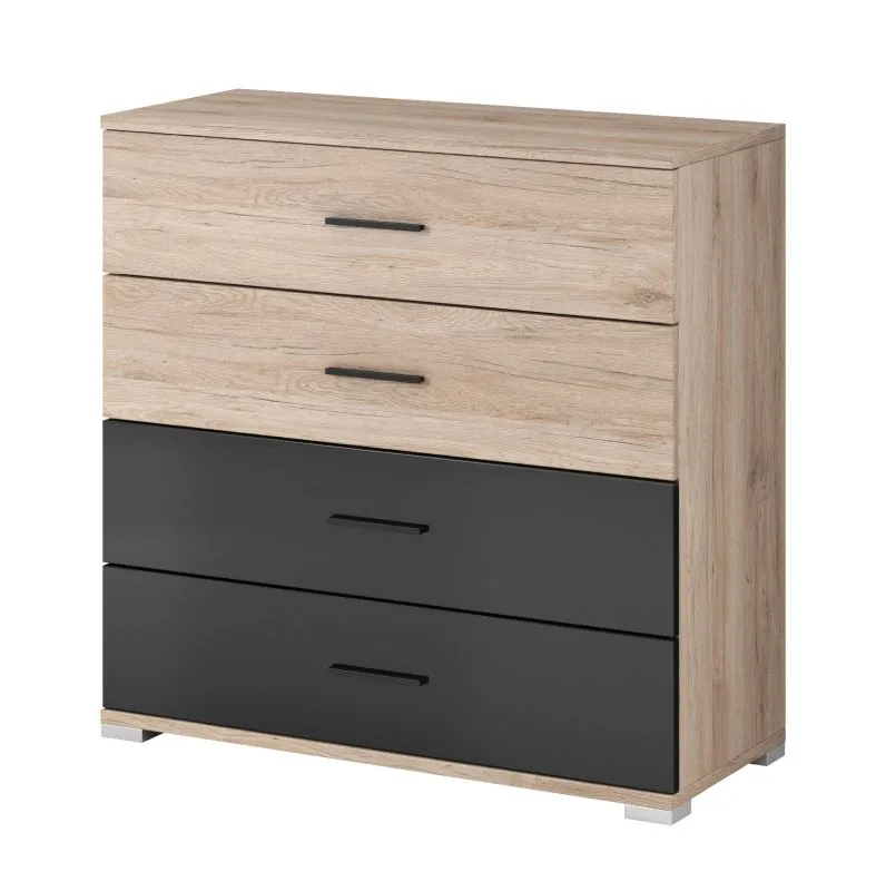 Commode / 93 x 90 x 42 cm / Chêne / Noir brillant / Troodos 04 / 4 tiroirs / Plateau résistant aux rayures et à l'humidité / Poignées fines noires