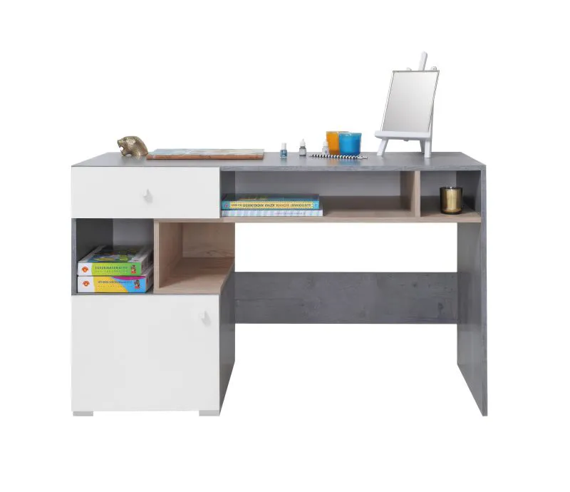 Chambre d'adolescents - Bureau Lede 10, couleur : gris / chêne / blanc - Dimensions : 76 x 125 x 55 cm (H x L x P)