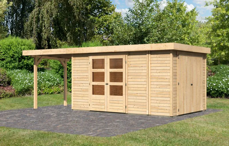 Abri de jardin SET naturel avec armoire annexe, toit traînant 240 cm, surface au sol : 9,03m².