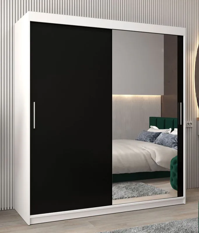 Armoire à portes coulissantes Bisaurin 4C avec miroir | Blanc mat / Noir | 200 x 180 x 62 cm