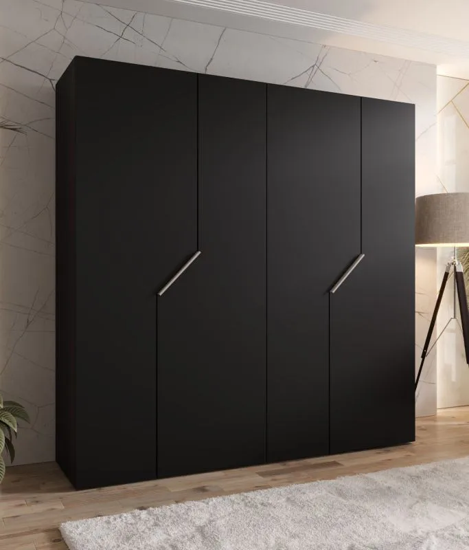 Armoire / 4 portes / Couleur : Noir / 2 compartiments / 2 tringles à vêtements / Poignées : Cachemire / Fonction Soft-Close / Dimensions : 200 x 52 x 202 cm / Chants ABS