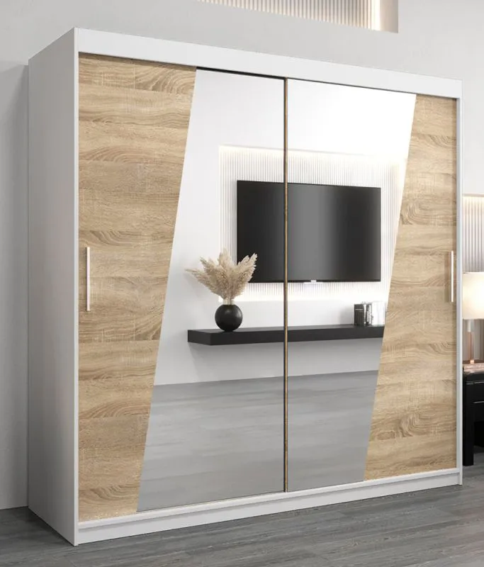 Armoire penderie à portes coulissantes Guajara 05 avec miroir | Blanc mat & Chêne Sonoma | 200 x 200 x 62 cm